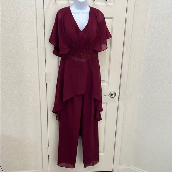 Wedding Pant Suit Maroon Red Sheer Ruched Cap Sleeve Embroidered Beaded Elegant - Picture 1 of 15